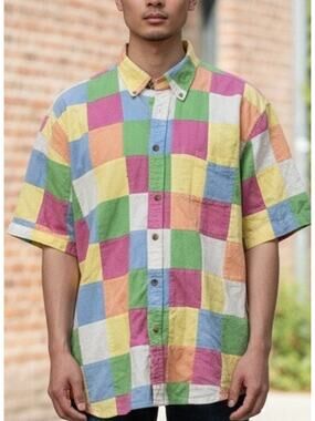 Vintage Y2K Scandia Woods Men's Colorful Patchwork Madras Collared Shirt